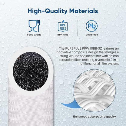 PUREPLUS 10"×4.5" String Wound Sediment Filter Compound With Iron Reducing Filter, Compatible With Whole House Water Filtration System For Well Water, 1Pack