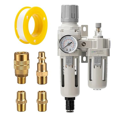 3/8" NPT Auto-Draining Air Filter Regulator Combo with Precision Pressure Gauge | Oil/Water Separator for Compressed Air Systems (0-150 PSI) | Heavy-Duty Brass Construction