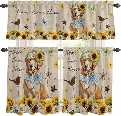 Kitchen Curtains Tiers and Valance Set of 3, Sunflowers Dog Light Filtering Window Curtain Set, Spring Watercolor Floral Stars on Linen Rod Pocket Curtain Drapes for Cafe, Living Room, 24 Inches Tiers