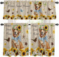 Kitchen Curtains Tiers and Valance Set of 3, Sunflowers Dog Light Filtering Window Curtain Set, Spring Watercolor Floral Stars on Linen Rod Pocket Curtain Drapes for Cafe, Living Room, 24 Inches Tiers