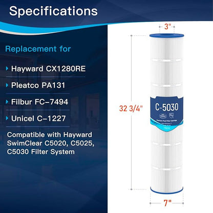 C5030 Pool Filter Cartridges, Compatible with Hayward SwimClear C5030, C5020, C5025, Replaces Hayward CX1280XRE, Pleatco PA131-PAK4, Unicel C-7494, Filbur FC-1227, 131 sq. ft, 4-Pack