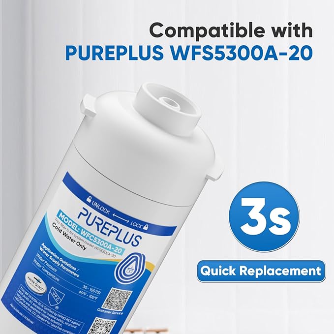 PUREPLUS WFC5300A-20 Under Sink Water Filter, 40,000 Gallons Capacity, 99.99% Chlorine Reduction, NSF/ANSI Certified, Replacement for WFS5300A-20 Under Counter Water Filtration System