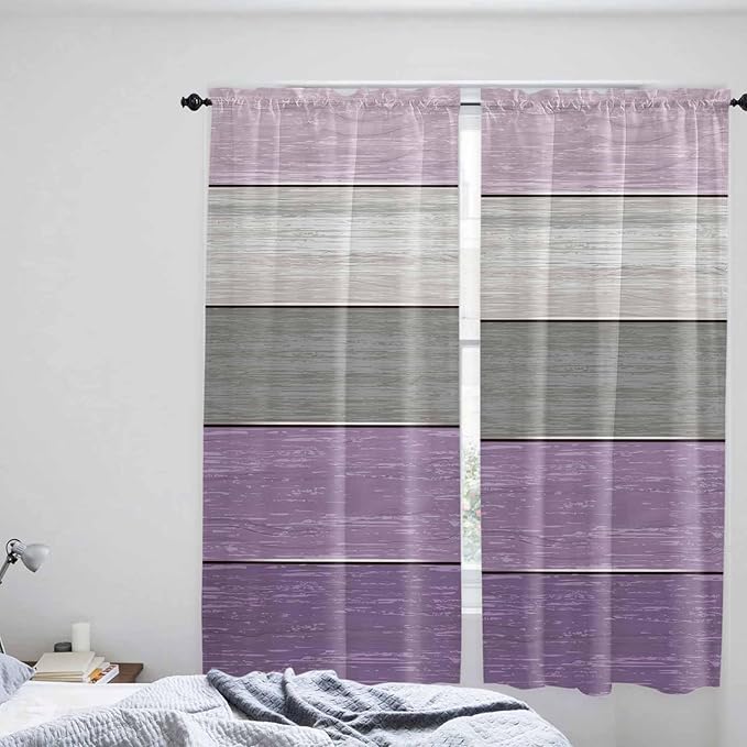 Country Wood Board Gray Purple Window Valance Curtains, Farmhouse Gradient Plank Light Filtering Kitchen Valance with 3-inch Rod Pocket for Living Room Bathroom Bedroom,2 Panel,52x72In