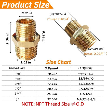 2pcs 1/2" NPT x 3/8" NPT Brass Nipple, 1/2 to 3/8 Adapter Fitting Reducing Solid Hex Nipple, Brass 1/2 Male to 3/8 Male Reducer Pipe Fittings for Extending and Connecting Pipes