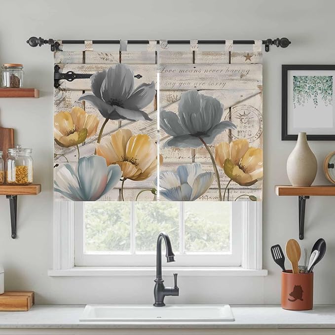 Spring Tulips Flower Bedroom Curtains 63 Inch Length, Window Curtains Tab Top, Vintage Floral Barn Doors Rustic Beige Light Filtering Window Treatments Drapes 42"x63" 2 Panel