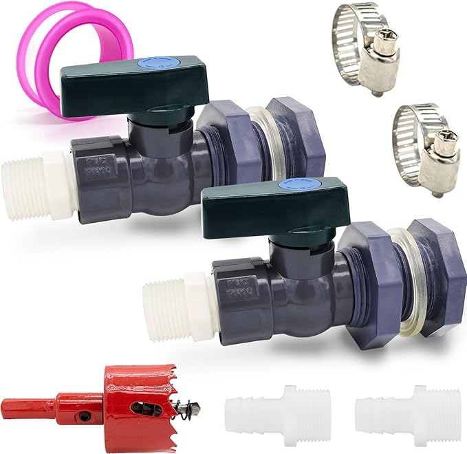 2 Set PVC Rain Barrel Diverter Kit Rain Barrel 3/4 Inch Spigot Kit with Bulkhead Fitting, Hose (25mm/1" + 16mm/0.63") Adapter, Hole Saw, Ball Valve, Clamps, Thread Seal Tape