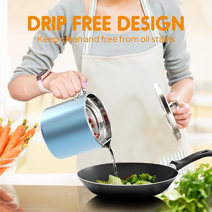Chihee Stainless Steel Bacon Grease Saver - 2L / 67.6 fl oz Oil Container with Fine Mesh Strainer and Non-slip Tray for Kitchen Storing Frying Cooking Grease