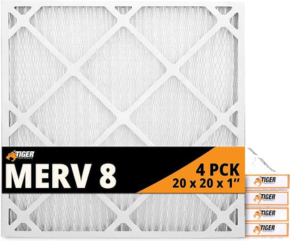 Tiger Tough 20x20x1 Air Filter MERV 8 MPR 600-800, High-Performance Pleated HVAC AC Furnace Filter Replacement for Home, 4-Pack