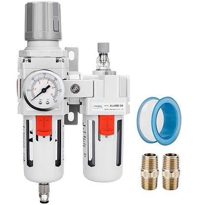 NANPU 3/4" NPT Compressed Air Filter Regulator Lubricator Combo (FRL) Water/Oil Trap Separator - Gauge(0-150 psi), 5 Micron Brass Element,Poly Bowl, Semi-Auto Drain, Metal Bracket