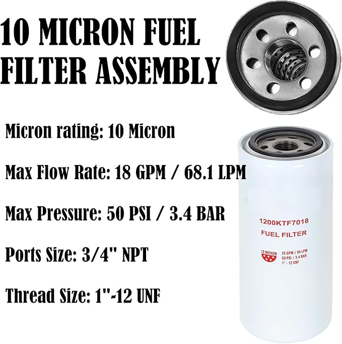 1200KTF7018 Fuel Filter 10 Micron 3/4" 18GPM 50PSI 10Micron Fuel Filtration F1810PM0 1200KTG9075 Fill-Rit Grainger FR112 FR1210G FR610G Fuel Transfer Tank Pump Diesel Gasoline Fuel Filters Assembly