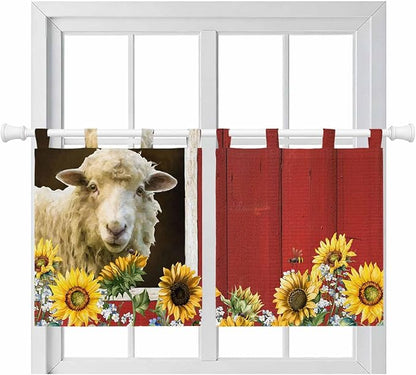 Sheep Flowers Kitchen Curtains 24 Inch Length, Small Window Curtains Tab Top, Country Red Barn Botanical Sunflowers Light Filtering Short Window Treatments Tier Drapes 27.5"x24" 2 Panel