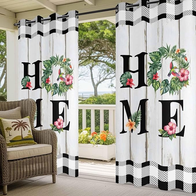 Summer Outdoor Curtains for Patio Leaves Garland Plumeria Wood Buffalo Plaid Waterproof Outside Curtains with Grommet Top Weatherproof Curtain for Cabana Pergola Gazebo, 2 Pack, 54" W x 95" L
