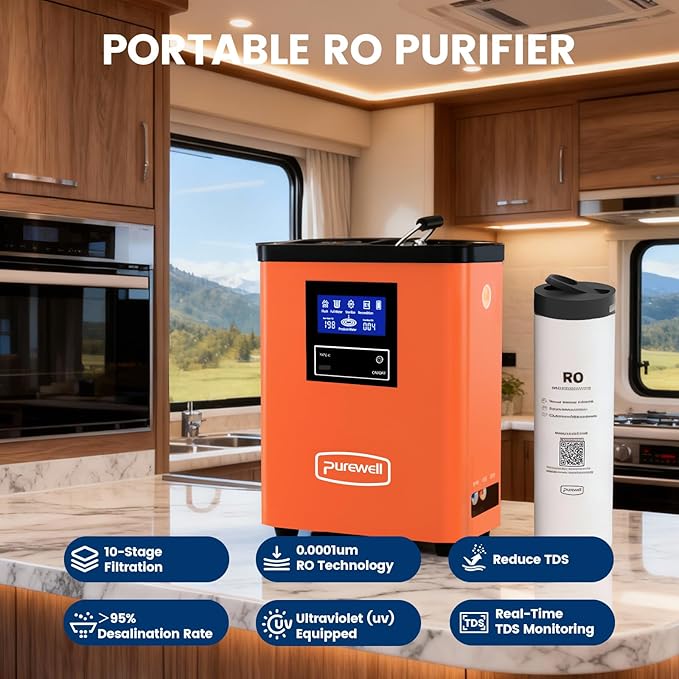 Purewell® K8680 RO Water Purifier System,10-Stage RV Portable Water Filtration Survival with UV,Desalination Rate Reaches 95%,Survival Gear Purification for Drinking,Team Camping，Travel(Orange)