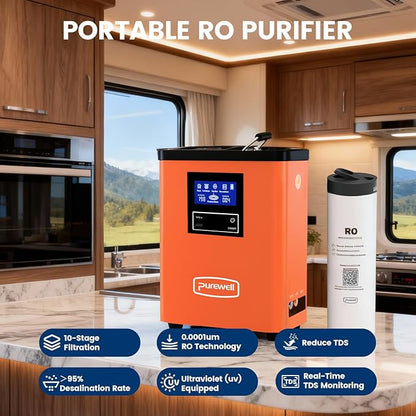 Purewell® K8680 RO Water Purifier System,10-Stage RV Portable Water Filtration Survival with UV,Desalination Rate Reaches 95%,Survival Gear Purification for Drinking,Team Camping，Travel(Orange)