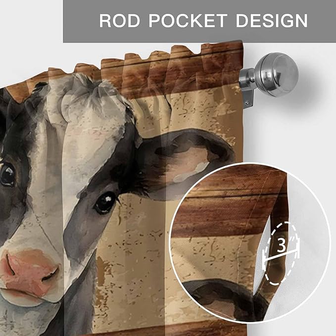 Farmhouse Cow Curtain Valances for Windows, Kitchen Valance Window Treatment, Country Vintage Animals Wooden Grain Light Filtering Block Curtains for Bathroom/Bedroom/Living Room 54'' x 18''