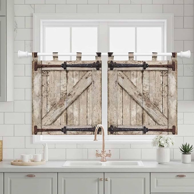 Farmhouse Wood Grain Kitchen Curtains 36 Inch Length, Small Window Curtains Tab Top, Vintage Country Barn Gate Brown Light Filtering Short Window Treatments Tier Drapes 27.5"x36" 2 Panel