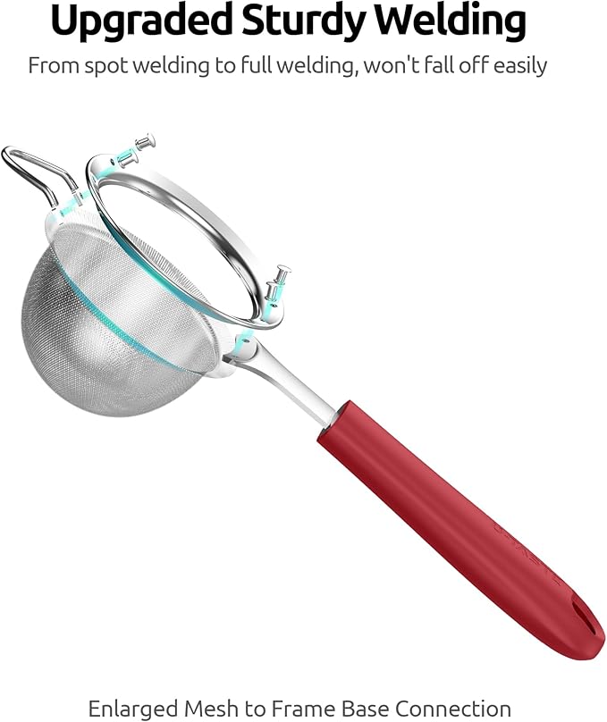U-Taste Small Fine Mesh Strainer: 18/8 Stainless Steel 3.35in 30 Mesh Kitchen Food Sieve with Sturdy Riveted Silicone Handle, Heavy Duty Deep Handheld Metal Colander for Tea, Juice (Red)
