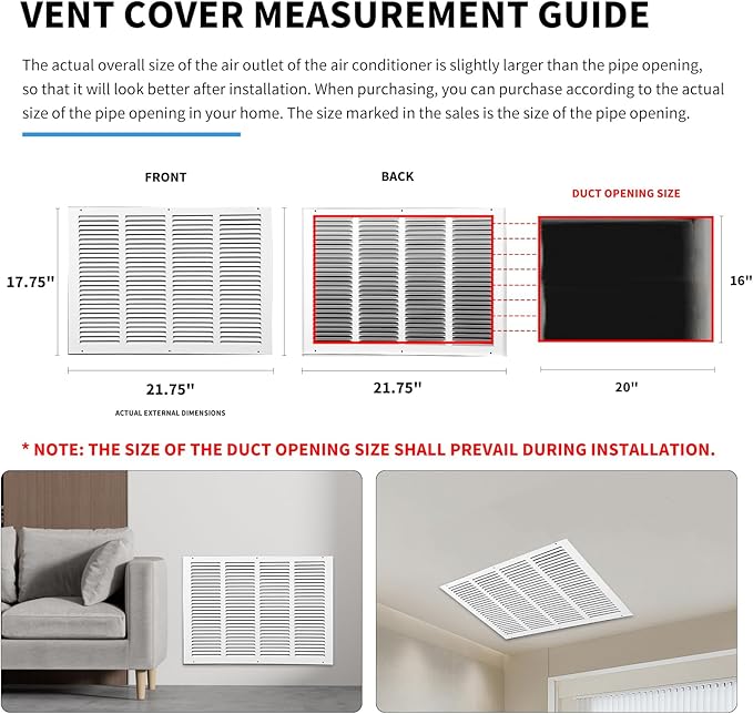 20x16 Air Return Grille(Duct Opening Size),Air Return Vent Cover,Flat Vent Cover,Rejillas De Aire Acondicionado Para Casa,Return Air Grilles,Outer Dimensions:21.75"Wx17.75"H(20"W x 16"H, Duct Opening)