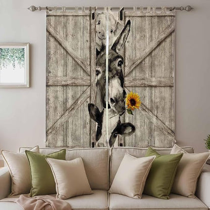 Funny Farm Animals Living Room Curtains 96 Inch Length, Window Curtains Tab Top, Vintage Barn Brown Sunflowers Light Filtering Window Treatments Drapes 52"x96" 2 Panel
