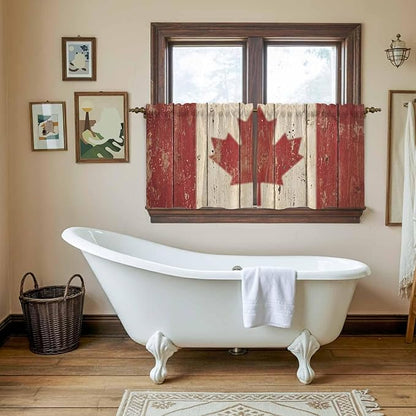 Canada Tier Curtains, Red Maple Leaf Flag Vintage Farmhouse Wooden Grain Light Filtering Kitchen Curtains, 2Pcs Rod Pocket Half Window Treatments Panels for Sink Cafe Cabinet Camper 27.5x24 Inches
