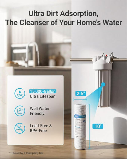 AQUA CREST AP110 5 Micron 10"x2.5" String Wound Whole House Water Filter Replacement for 3M® Aqua-Pure AP110, Culligan® P5, APEC, GE FXUSC, Whirlpool®, Any 10" x 2.5" Home Water Filter, Pack of 4
