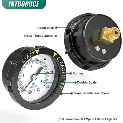 0-60PSI Pool Filter Pressure Gauge, 1/4" NPT Back Mount, with Plastic Adjustable Bezel, Start and Clean Filter Pressure Gauge, for Swimming Pool, spa, Aquarium