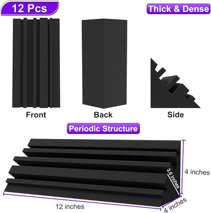 TroyStudio Bass Traps - 12 Pcs 4 X 4 X 12 Inches Dense Thick Studio Bass Foam Corner, Acoustic Treatment Panel Absorbing Echo Reverb, Low Frequency Sound Absorber for Music Room Home Recording Studio