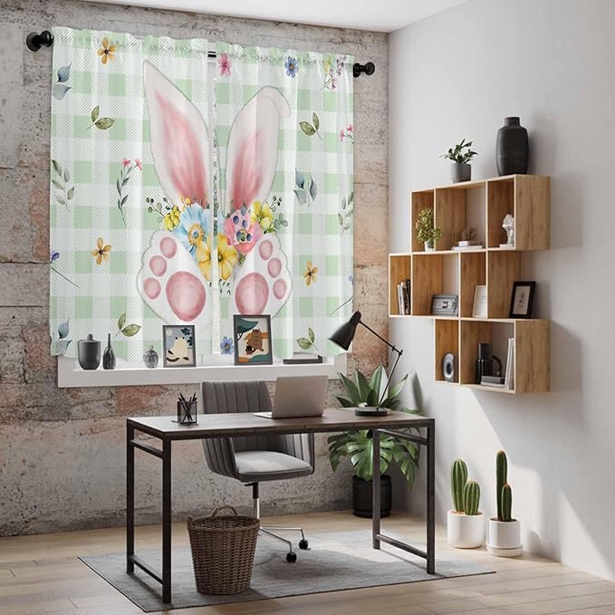 Easter Window Curtains 63 Inch Long 2 Panel Set, Rod Pocket Bedroom Curtains & Drapes, Spring Bunny Ears Feet Flowers Green Plaid Light Filtering Window Treatment for Living Room 42"W x 63"L