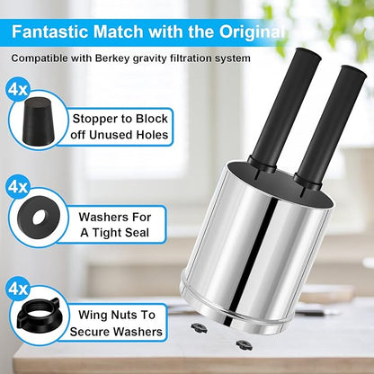 Replacement Kit for Berkey Water Filter System Elements - 4 Wing nuts, 4 Washers & 4 Silicone Blocking Plugs Compatible with Berkey Gravity Filtration System and Black Activated Carbon Water Filters