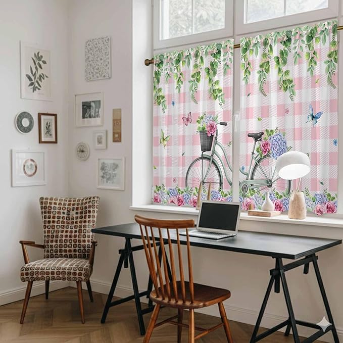 Spring Kitchen Curtains, Bicycles Leaves Butterfly Flowers Pink Buffalo Plaid Light Filtering Window Curtain Panels, 2Pcs Rod Pocket Window Treatments Set for RV Dining Room Study Room 42x54 Inches