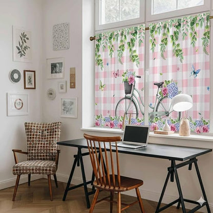 Spring Kitchen Curtains, Bicycles Leaves Butterfly Flowers Pink Buffalo Plaid Light Filtering Window Curtain Panels, 2Pcs Rod Pocket Window Treatments Set for RV Dining Room Study Room 42x54 Inches