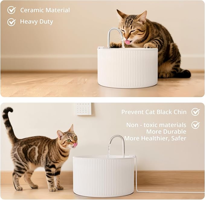 Ceramic Cat Water Fountain, 2.2L/74oz Pet Water Fountain for Cats and Dogs, Automatic Pet Drinking Fountain with Pump, Filter & Foam (White)