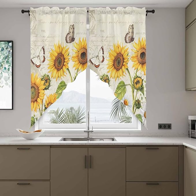 Farm Sunflowers Swag Valances for Windows, Retro Flowers Butterfly Botanical Beige Rod Pocket Kitchen Curtains Valance, Kitchen Window Curtains Swag for Cafe Bathroom Living Room, 2 Panels, 36x63 inch
