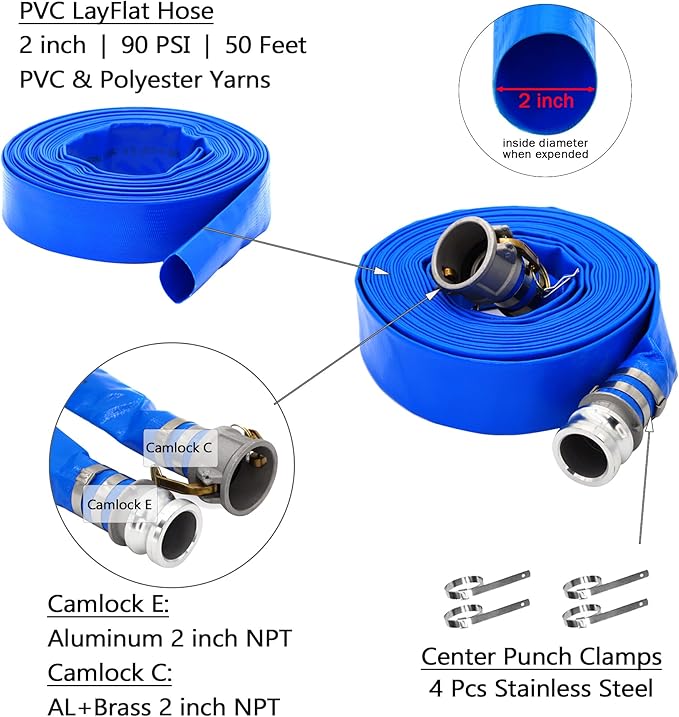 DAVCO 2" ID × 50 ft PVC Lay Flat Discharge Hose, Heavy Duty Reinforced Blue Pool Backwash Hoses For Swimming Drain Pools, with Aluminum Camlock C and E Fittings, Cam Lock Fitting Type F included
