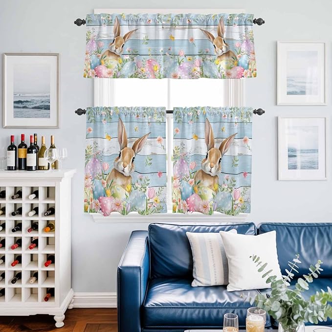 Kitchen Curtains Tiers and Valance Set of 3, Easter Light Filtering Window Curtain Set, Farmhouse Spring Rabbit Eggs Flowers Wooden Board Rod Pocket Curtain Drapes for Living Room, 36 Inches Tiers