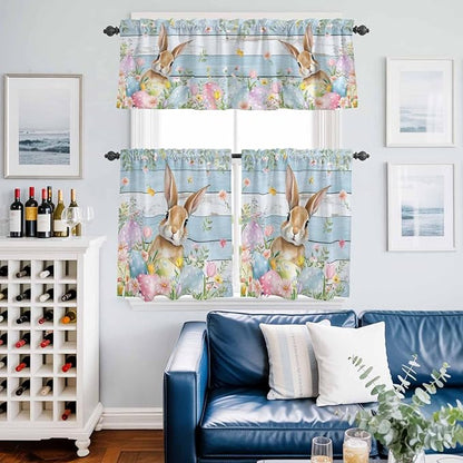 Kitchen Curtains Tiers and Valance Set of 3, Easter Light Filtering Window Curtain Set, Farmhouse Spring Rabbit Eggs Flowers Wooden Board Rod Pocket Curtain Drapes for Living Room, 36 Inches Tiers