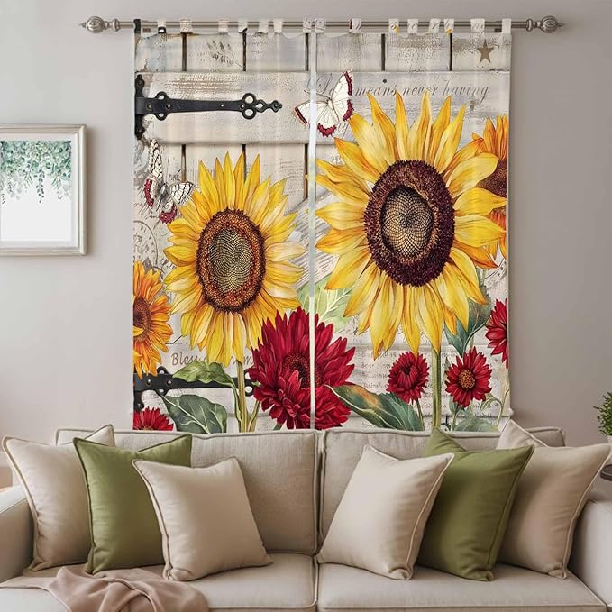 Red Yellow Sunflowers Living Room Curtains 96 Inch Length, Window Curtains Tab Top, Retro Rustic Barn Doors Butterfly Brown Light Filtering Window Treatments Drapes 52"x96" 2 Panel