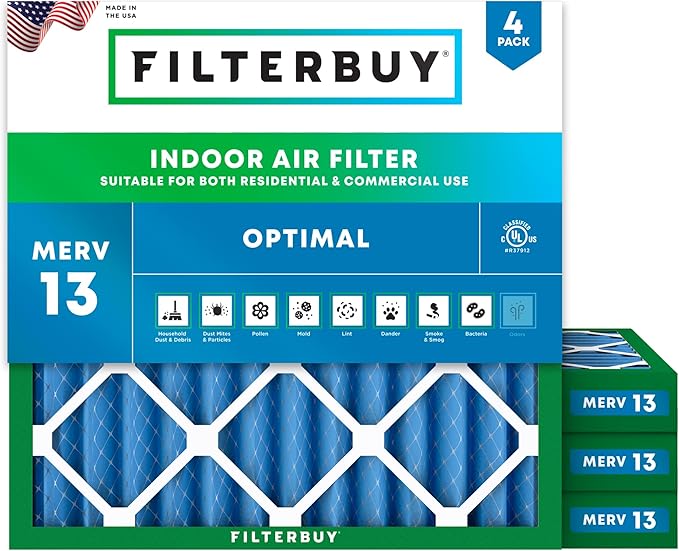 Filterbuy 10x10x2 Air Filter MERV 13 Optimal Smoke & Allergy Defense (4-Pack), Electrostatic Pleated HVAC AC Furnace Filters Replacement, Made in USA (Actual Size: 9.50 x 9.50 x 1.75)