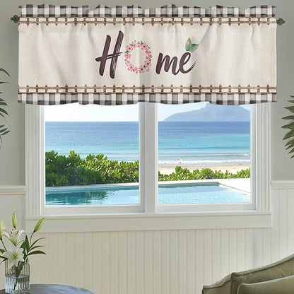 Spring Flowers Curtain Valances for Windows, Kitchen Valance Window Treatment, Vintage Watercolor Black Plaid on Linen Light Filtering Block Curtains for Bathroom/Bedroom/Living Room 60'' x 18''