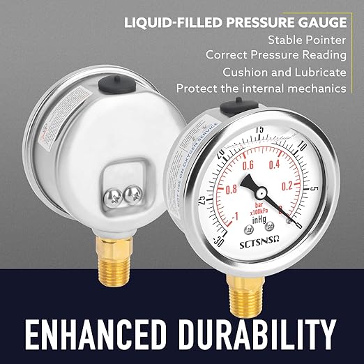 2-1/2" Dial Size, -30 inHg-0 Pressure Gauge, Glycerin Liquid Filled, 1/4" NPT Lower Mount, Stainless Steel Case, for Air Conditioning Line, Tank, Air Pump, HVAC, Pipe, Vacuum Pressure Test