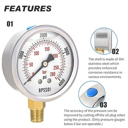 0-4000 Psi Glycerin Liquid Filled Hydraulic High Pressure Gauge, 2.5" Dial Size, 1/4" NPT Lower Mount, 304 Stainless Steel Case, for Water Oil Air Gas Pressure Test