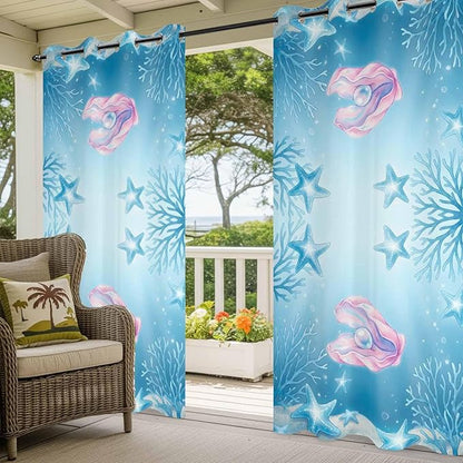 Ocean Shell Outdoor Curtains for Patio Corals Starfish Summer Marine Waterproof Outside Curtains with Grommet Top Weatherproof Curtain for Cabana Pergola Gazebo, 1 Panel, 54" W x 108" L