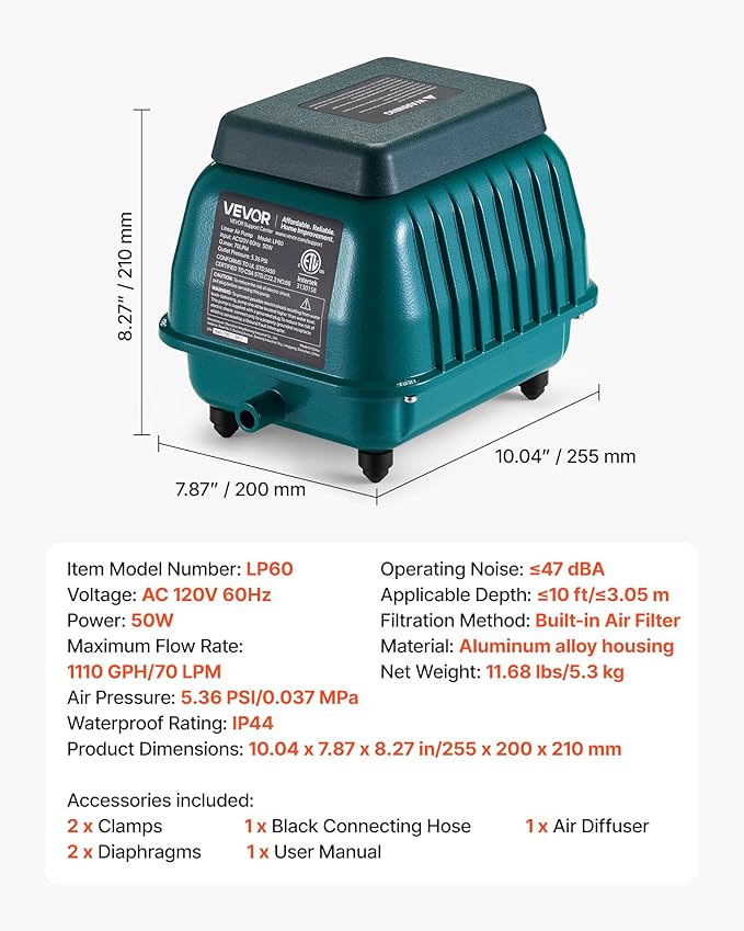 VEVOR Linear Air Pump 1110 GPH | Pond Aerator & Septic Tank Pump for 10ft Deep Water | for Wastewater Treatment, Fish Farms, Hydroponics, Aquariums, Restaurants