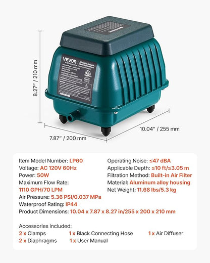 VEVOR Linear Air Pump 1110 GPH | Pond Aerator & Septic Tank Pump for 10ft Deep Water | for Wastewater Treatment, Fish Farms, Hydroponics, Aquariums, Restaurants