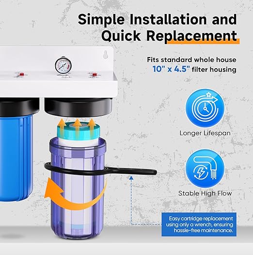 PUREPLUS 2-Stage Whole House Water Filtration System, Reduces Heavy Metals, Chlorine & Odor, 10" x 4.5" Housings, 1" Inlet/Outlet, RFN KDF Carbon & CTO Coconut Shell Filters, Pressure Gauges Included