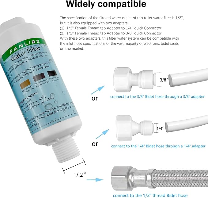 Bidet water filter for electronic bidet seats, Toilet water filter system, 1/2" Threads, 5pcs filters + 2pcs adapters, compatible with 1/2" 1/4" 3/8" Bidet water hose
