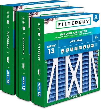 Filterbuy 24.5x27x5 Air Filter MERV 13 Optimal Smoke & Allergy Defense (3-Pack), Pleated HVAC AC Furnace Filters for Trane, American Standard, Honeywell, and More (Actual Size: 24.06 x 26.13 x 4.97)