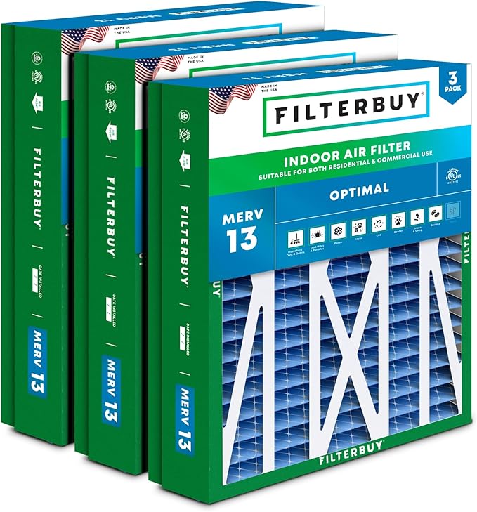 Filterbuy 21x27x5 Air Filter MERV 13 Optimal Smoke & Allergy Defense (3-Pack), Pleated HVAC AC Furnace Filters for Trane Perfect Fit & American Standard (Actual Size: 20.56 x 26.13 x 4.97)