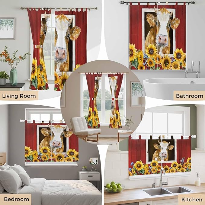 Cows Sunflowers Bathroom Curtains 63 Inch Length, Window Curtains Tab Top, Spring Floral Bees Farmhouse Barn Light Filtering Window Treatments Drapes 52"x63" 2 Panel