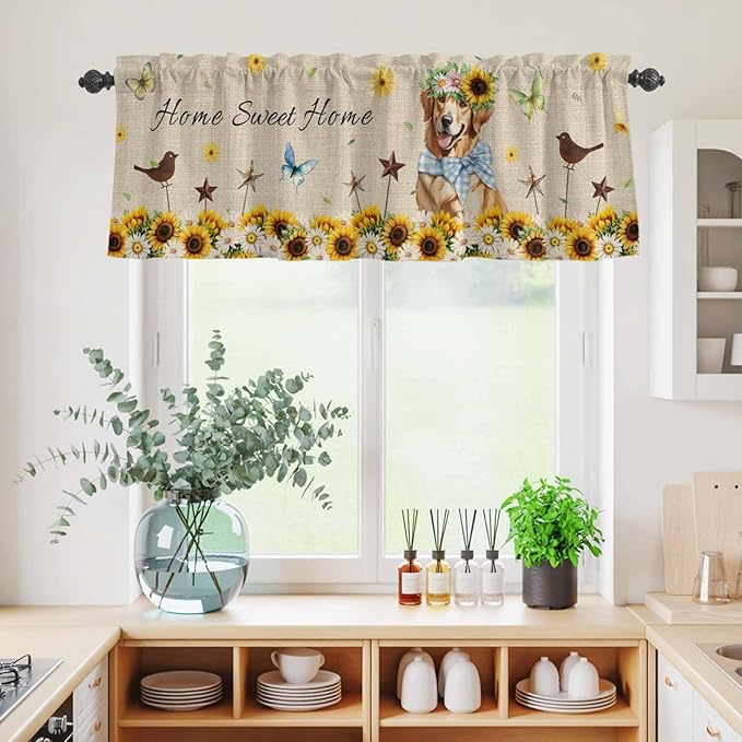 Kitchen Curtains Tiers and Valance Set of 3, Sunflowers Dog Light Filtering Window Curtain Set, Spring Watercolor Floral Stars on Linen Rod Pocket Curtain Drapes for Cafe, Living Room, 24 Inches Tiers